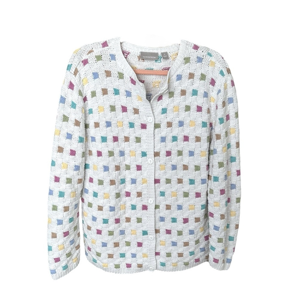 NORDSTROM‎ Vintage Granny Cardigan Sweater White Pastel Multi Colored Block Knit